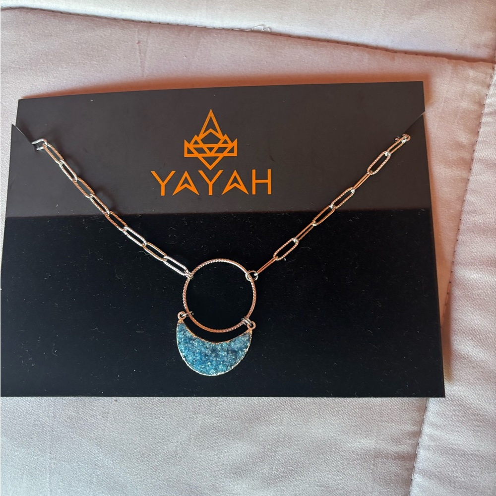Blue and Silver Crescent Necklace with Textured Pendant